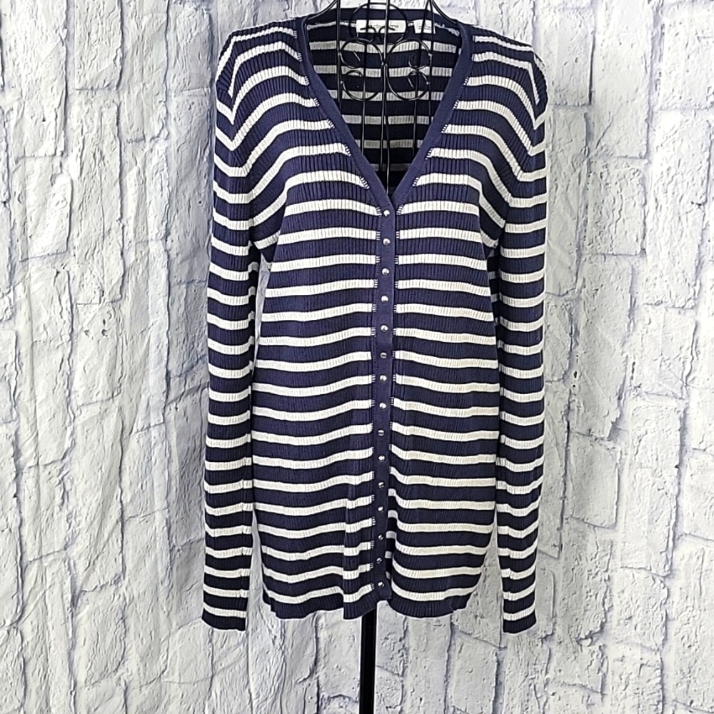 LIZ CLAIBORNE Blue and Gray Striped Cotton Cardigan Sweater XL‎